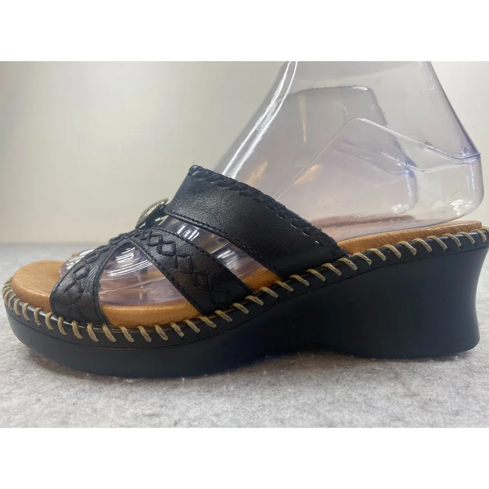 Minnetonka Womens Black Leather Wedge‎ Sandals Strappy Concho Slide Size 6